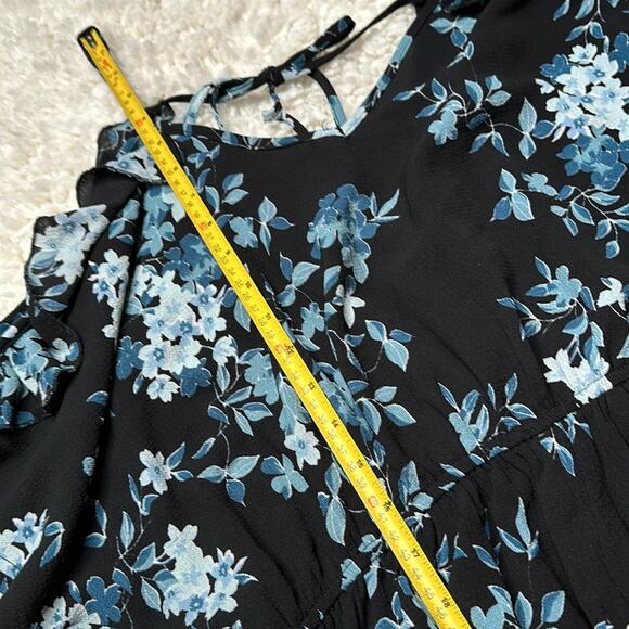 Black Blue Floral Aqua Cold Shoulder Wrap Spaghetti Strap Tie Romper C27 - Picture 7 of 11